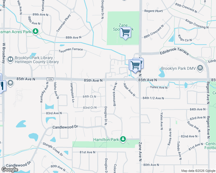 map of restaurants, bars, coffee shops, grocery stores, and more near 8423 Brunswick Avenue North in Minneapolis