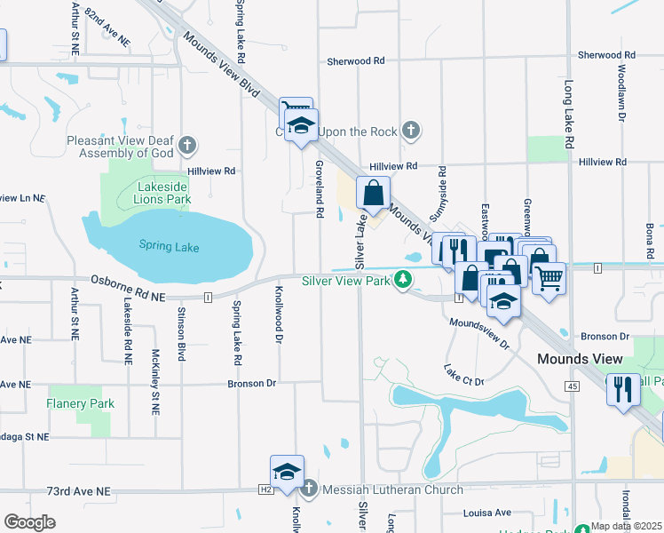 map of restaurants, bars, coffee shops, grocery stores, and more near 2837 County Road I in Mounds View