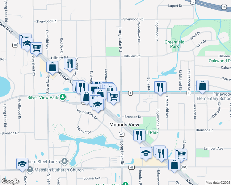 map of restaurants, bars, coffee shops, grocery stores, and more near 2519 County Road I in Saint Paul