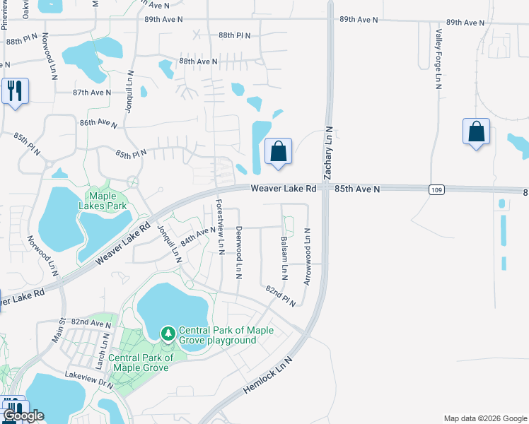 map of restaurants, bars, coffee shops, grocery stores, and more near 11377 84th Place North in Maple Grove