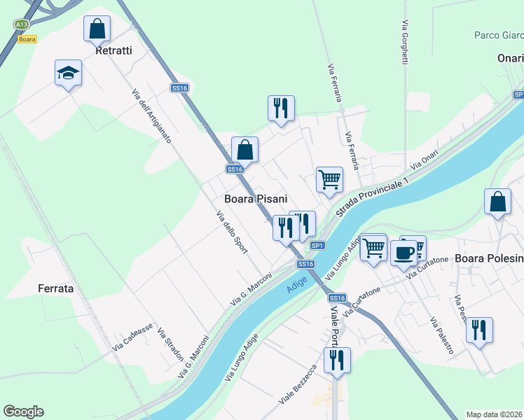 map of restaurants, bars, coffee shops, grocery stores, and more near 33 Via Roma in Boara Pisani