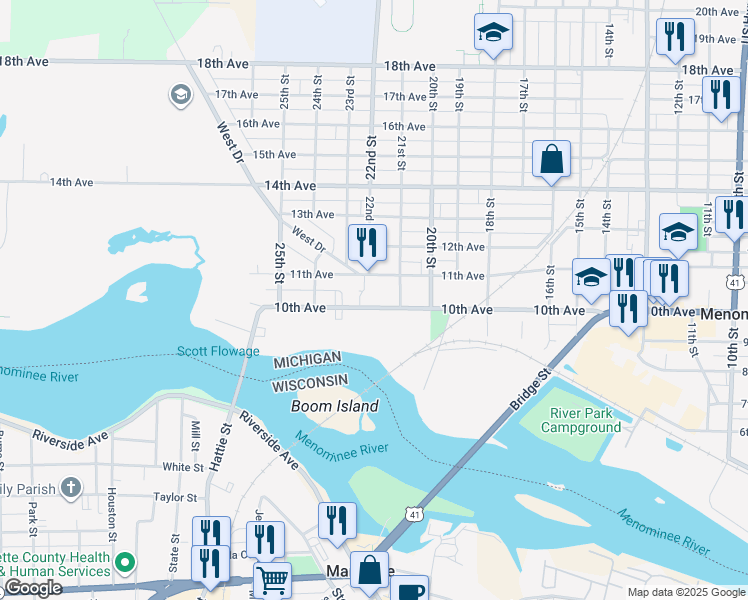 map of restaurants, bars, coffee shops, grocery stores, and more near 2208 10th Avenue in Menominee