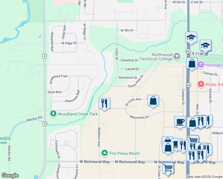 map of restaurants, bars, coffee shops, grocery stores, and more near 680 Circle Pine Drive in New Richmond