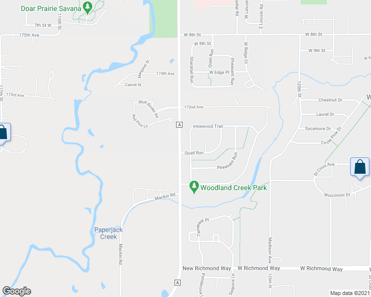 map of restaurants, bars, coffee shops, grocery stores, and more near 1285 Pinewood Trail in New Richmond