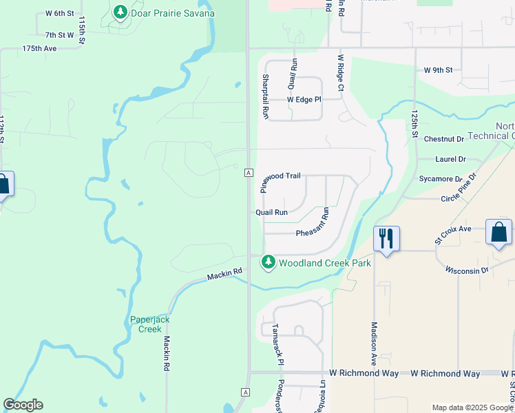 map of restaurants, bars, coffee shops, grocery stores, and more near 1285 Pinewood Trail in New Richmond