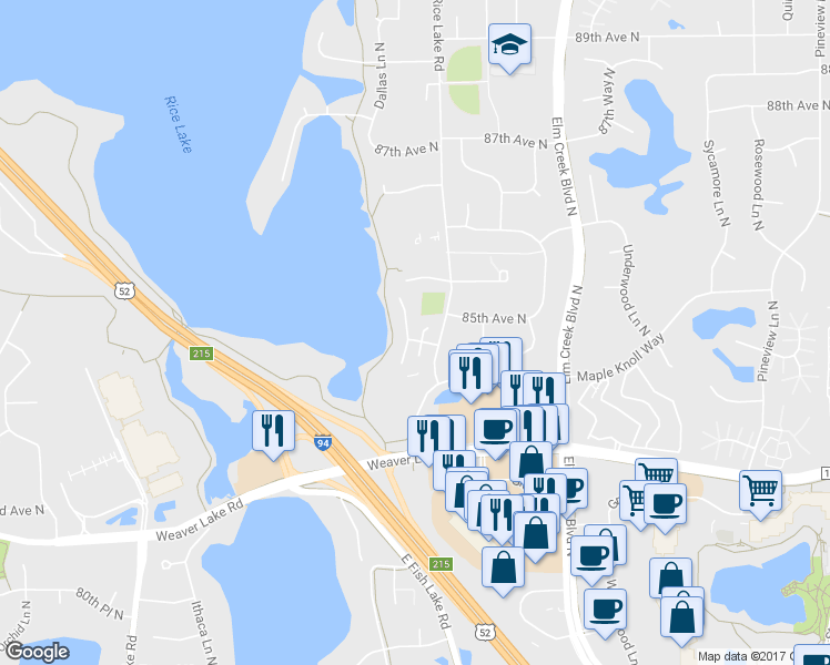 map of restaurants, bars, coffee shops, grocery stores, and more near 8469 Rice Lake Road in Maple Grove