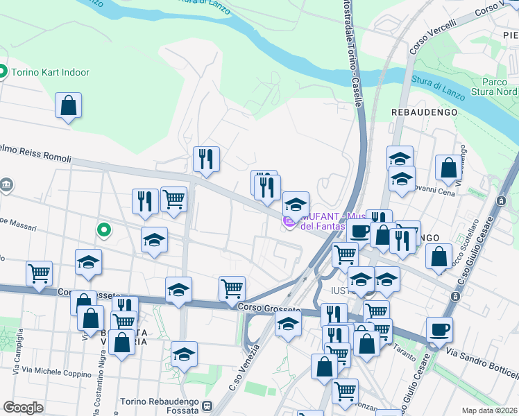 map of restaurants, bars, coffee shops, grocery stores, and more near 79 Via Guglielmo Reiss Romoli in Torino