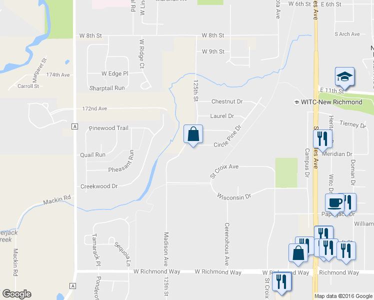 map of restaurants, bars, coffee shops, grocery stores, and more near 680 Circle Pine Drive in New Richmond