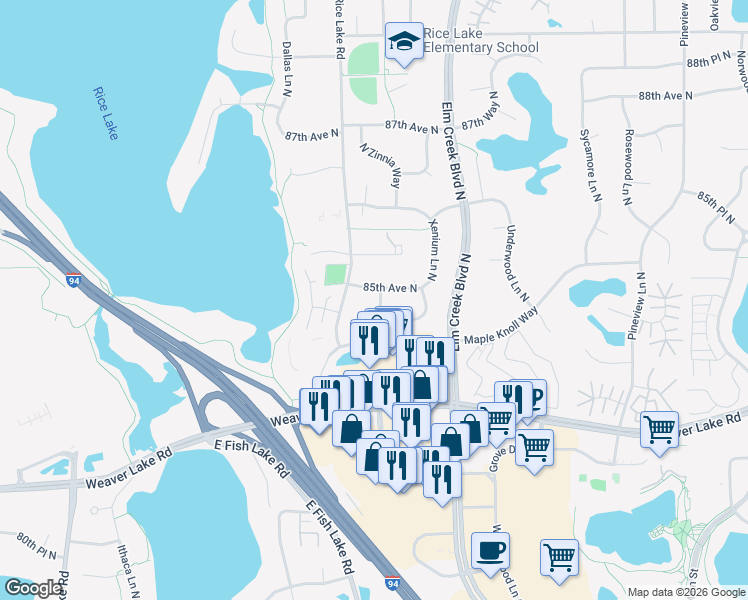 map of restaurants, bars, coffee shops, grocery stores, and more near 8414 Zinnia Lane North in Maple Grove