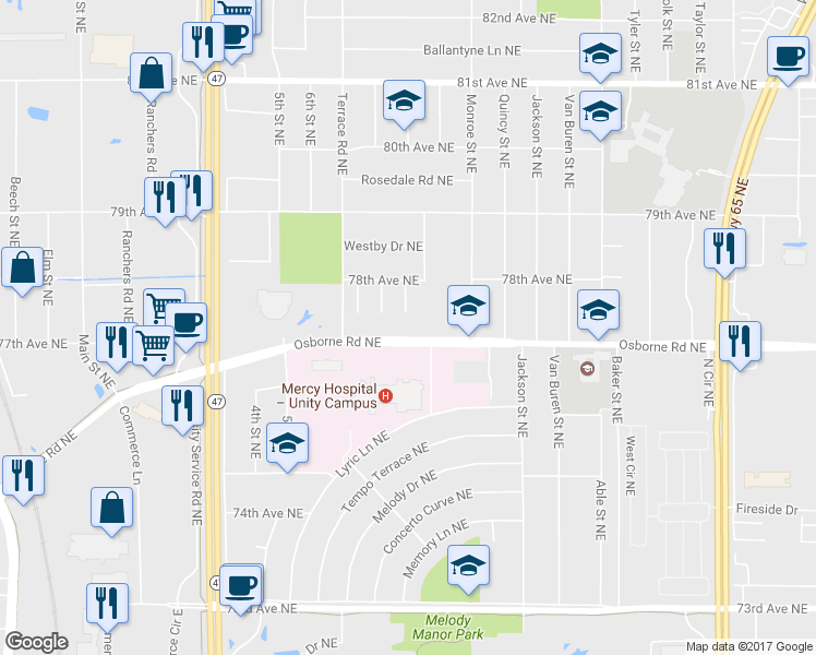 map of restaurants, bars, coffee shops, grocery stores, and more near 525 Osborne Road Northeast in Spring Lake Park
