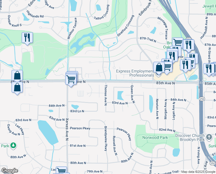 map of restaurants, bars, coffee shops, grocery stores, and more near 8408 Thomas Avenue North in Minneapolis