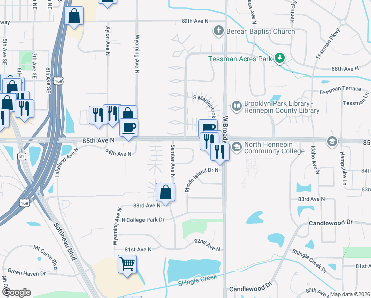map of restaurants, bars, coffee shops, grocery stores, and more near 8458 Sumter Circle in Brooklyn Park
