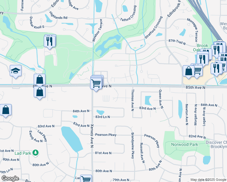 map of restaurants, bars, coffee shops, grocery stores, and more near 8365 Thomas Court North in Minneapolis