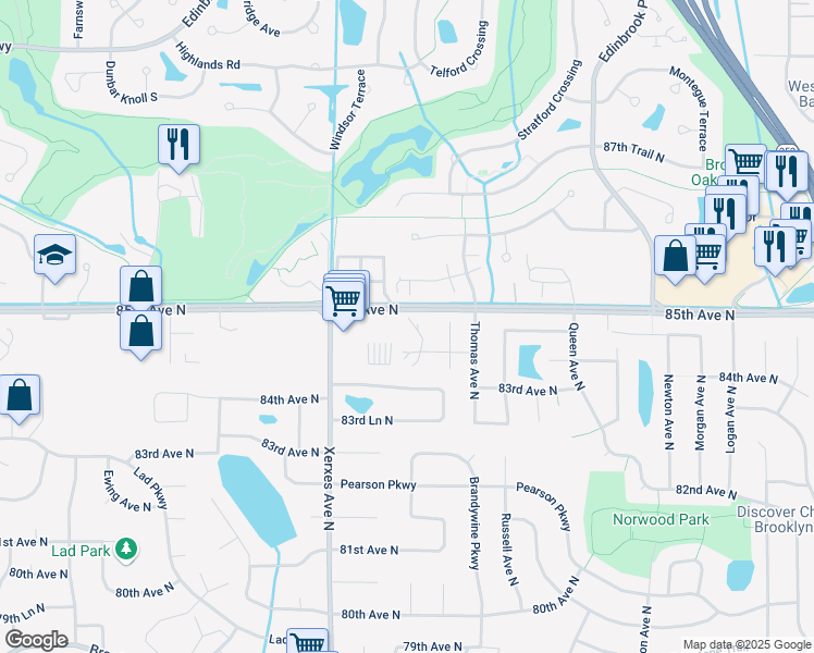 map of restaurants, bars, coffee shops, grocery stores, and more near 8365 Thomas Court North in Minneapolis