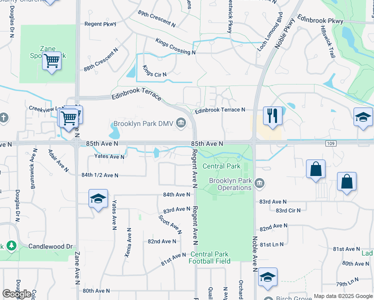 map of restaurants, bars, coffee shops, grocery stores, and more near 8400 Regent Avenue North in Brooklyn Park