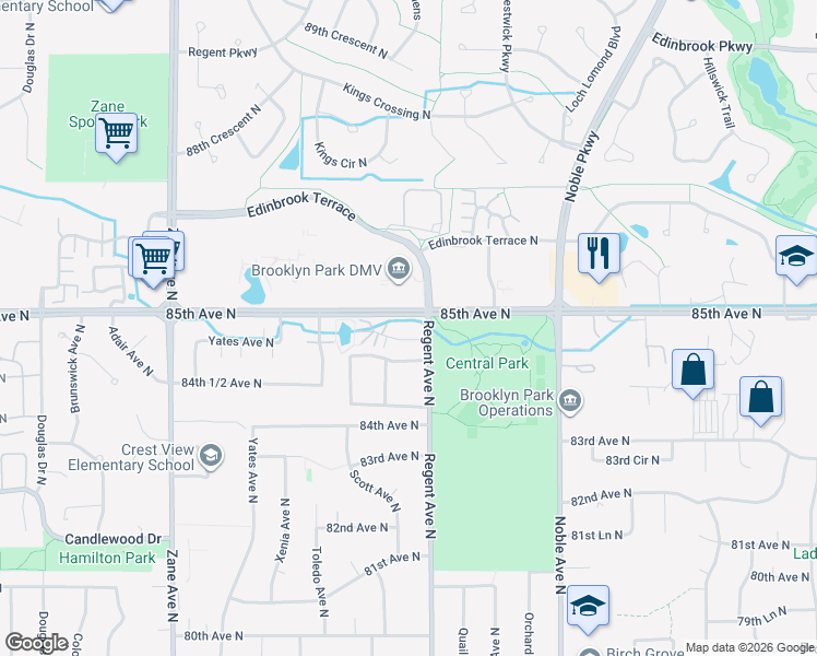 map of restaurants, bars, coffee shops, grocery stores, and more near 8400 Regent Avenue North in Brooklyn Park