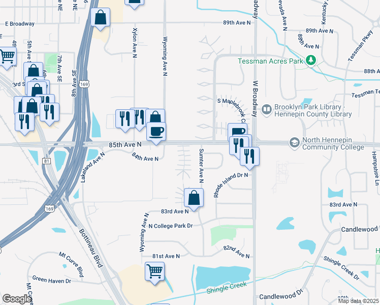 map of restaurants, bars, coffee shops, grocery stores, and more near 7823 85th Court North in Minneapolis