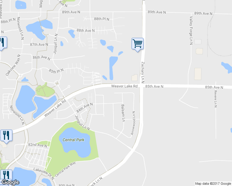 map of restaurants, bars, coffee shops, grocery stores, and more near 11377 84th Place North in Maple Grove