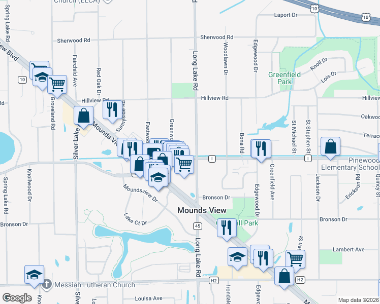 map of restaurants, bars, coffee shops, grocery stores, and more near 2519 County Road I in Saint Paul
