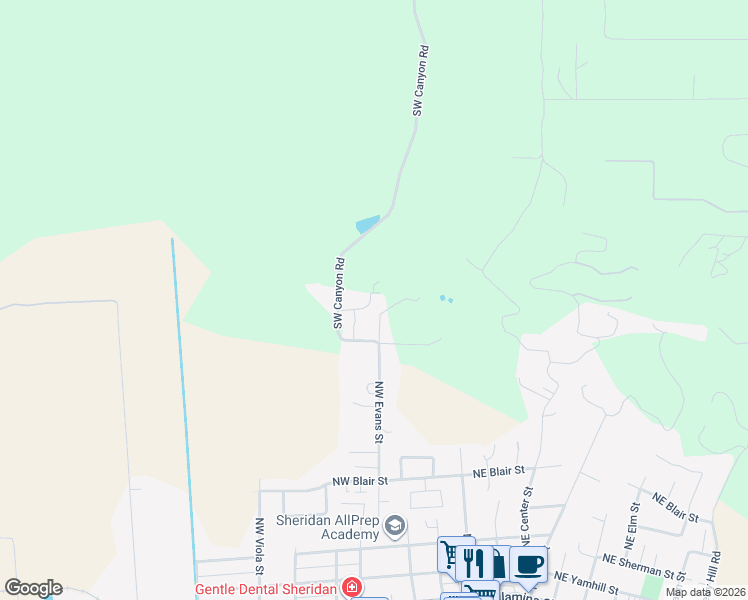 map of restaurants, bars, coffee shops, grocery stores, and more near 20999 Southwest Canyon Road in Sheridan