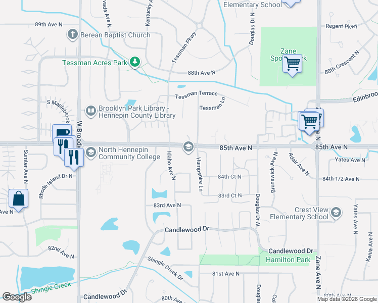 map of restaurants, bars, coffee shops, grocery stores, and more near 6717 85th Avenue North in Minneapolis