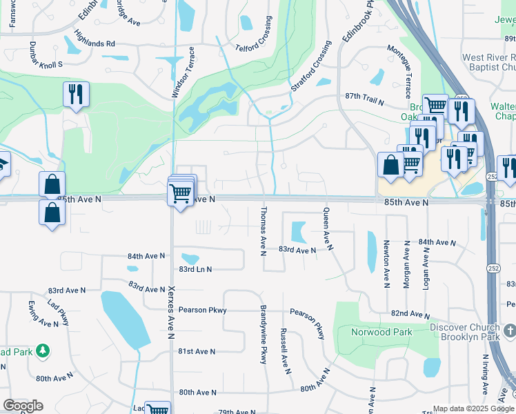map of restaurants, bars, coffee shops, grocery stores, and more near 8473 Thomas Court North in Minneapolis