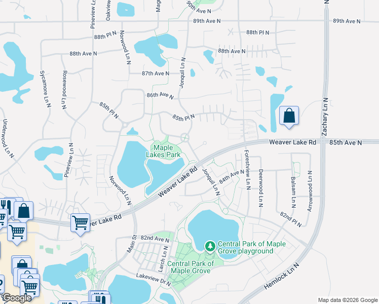 map of restaurants, bars, coffee shops, grocery stores, and more near 8425 Jonquil Lane North in Maple Grove