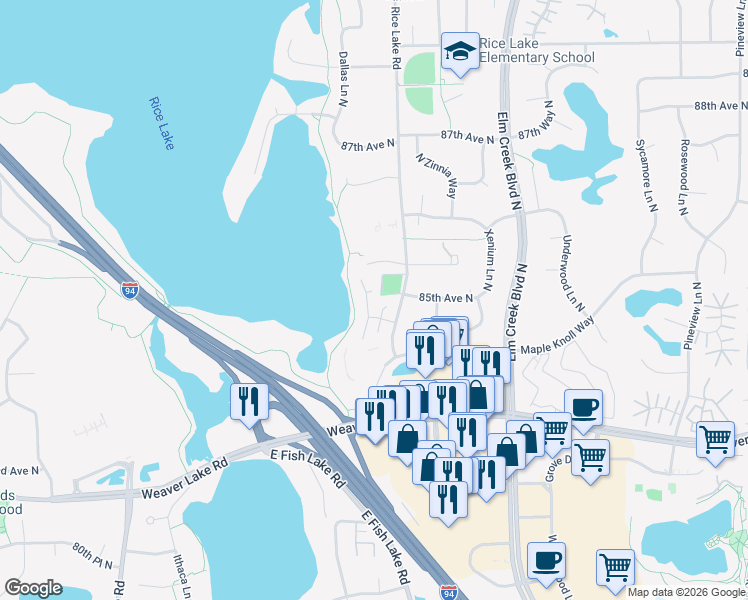 map of restaurants, bars, coffee shops, grocery stores, and more near 8469 Rice Lake Road in Maple Grove