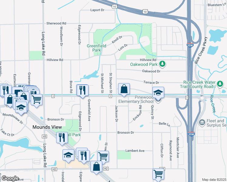map of restaurants, bars, coffee shops, grocery stores, and more near 2310 County Road I in Mounds View