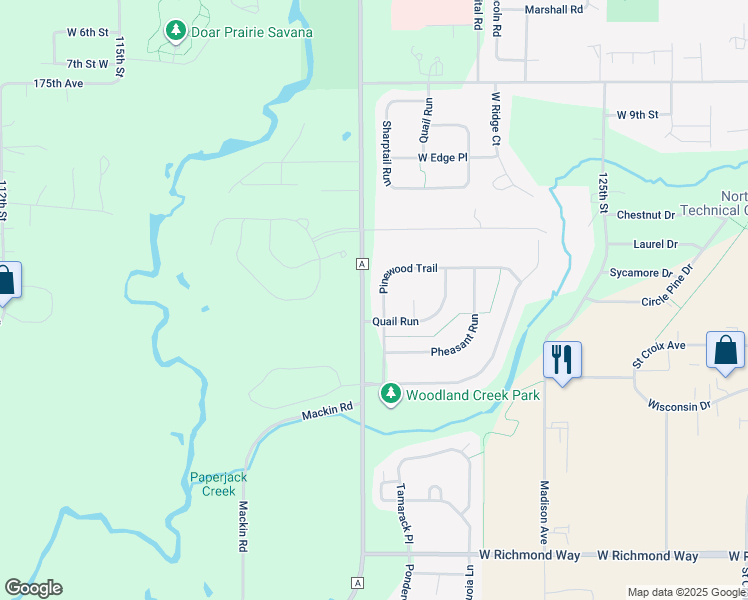 map of restaurants, bars, coffee shops, grocery stores, and more near 1285 Pinewood Trail in New Richmond