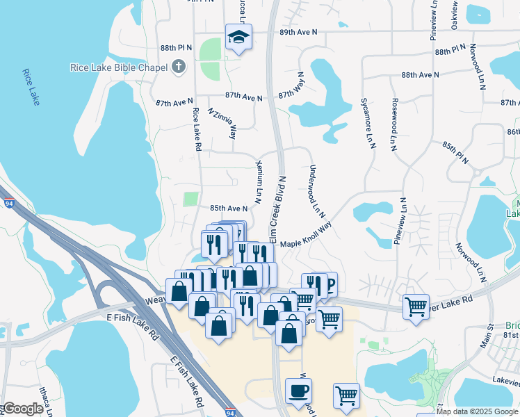 map of restaurants, bars, coffee shops, grocery stores, and more near 8431 Yucca Lane North in Maple Grove