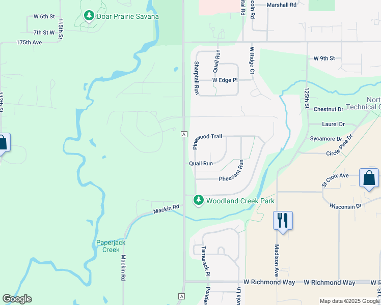 map of restaurants, bars, coffee shops, grocery stores, and more near 1279 Pinewood Trail in New Richmond