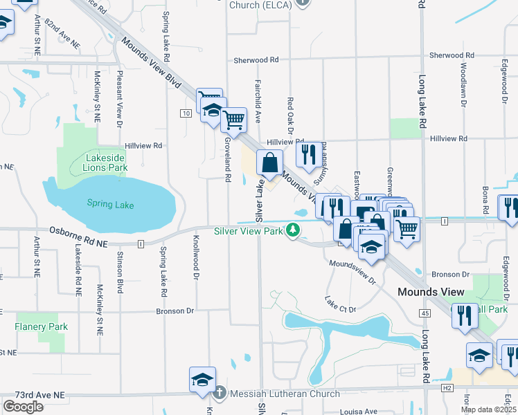 map of restaurants, bars, coffee shops, grocery stores, and more near 7734 Silver Lake Road in Saint Paul