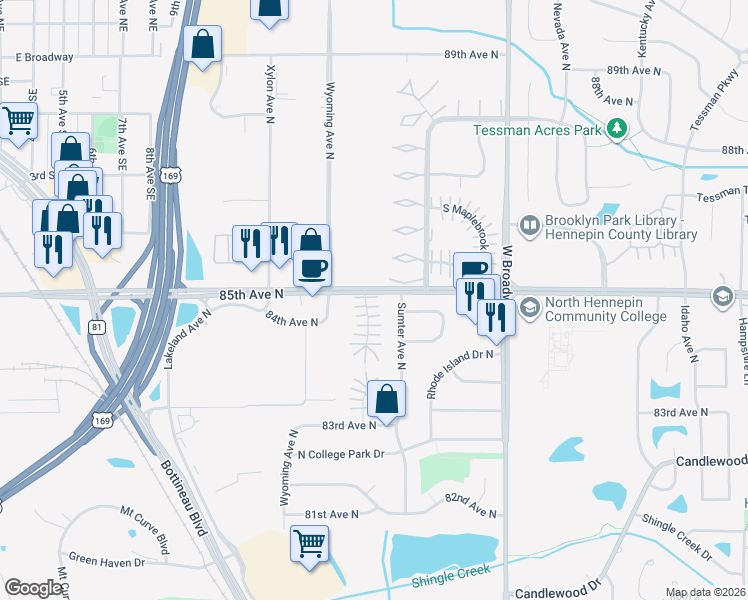 map of restaurants, bars, coffee shops, grocery stores, and more near 7801 85th Court North in Brooklyn Park