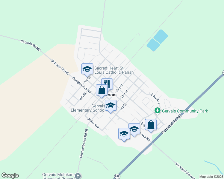 map of restaurants, bars, coffee shops, grocery stores, and more near 600 4th Street in Gervais