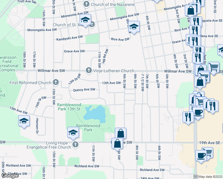 map of restaurants, bars, coffee shops, grocery stores, and more near 920 13th Avenue Southwest in Willmar