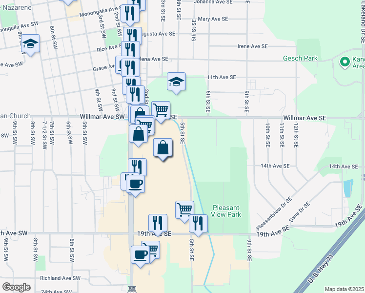 map of restaurants, bars, coffee shops, grocery stores, and more near 5th Street Southeast in Willmar
