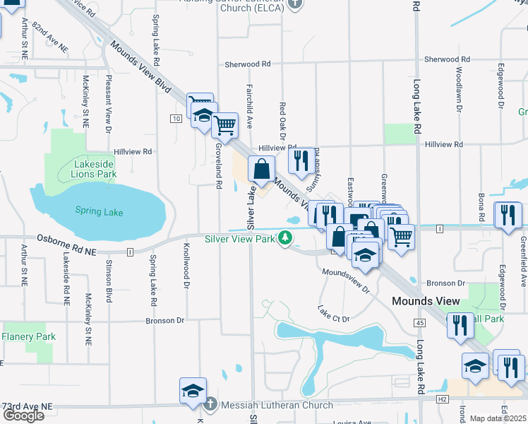 map of restaurants, bars, coffee shops, grocery stores, and more near 7746 Silver Lake Road in Saint Paul