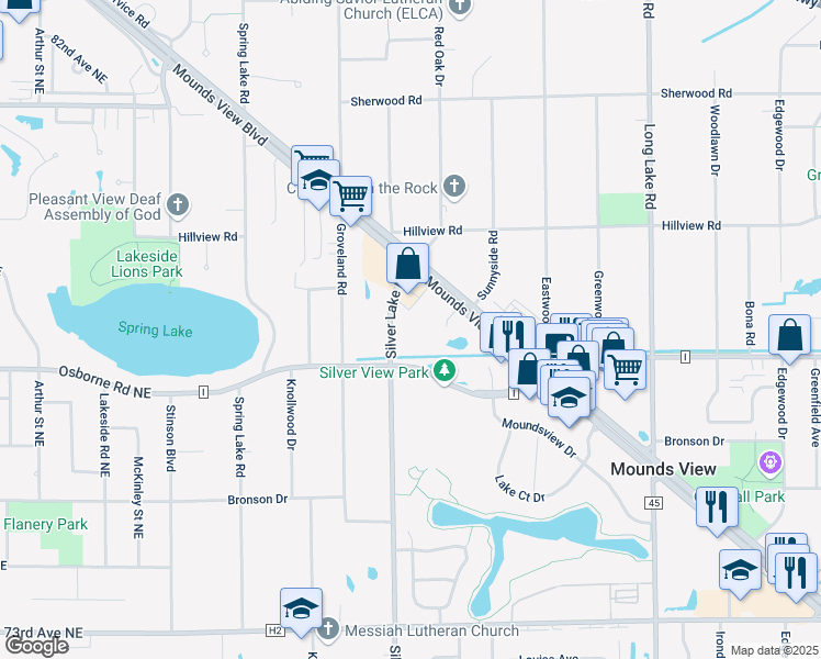 map of restaurants, bars, coffee shops, grocery stores, and more near 7746 Silver Lake Road in Saint Paul