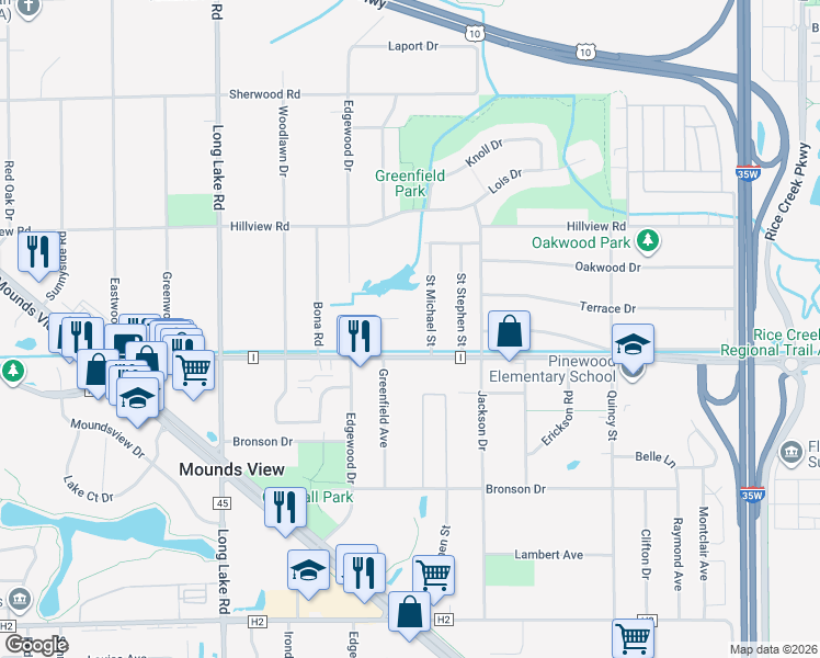 map of restaurants, bars, coffee shops, grocery stores, and more near 5551 Saint Michael Street in Mounds View