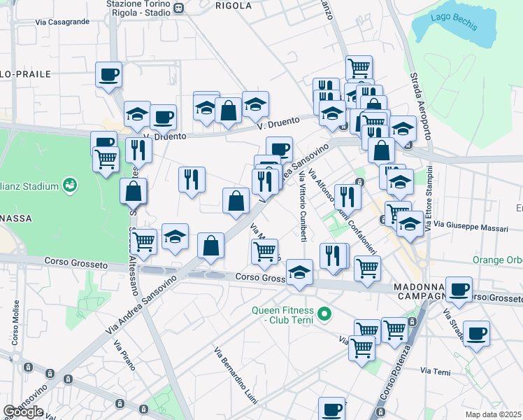 map of restaurants, bars, coffee shops, grocery stores, and more near 239 Via Andrea Sansovino in Torino