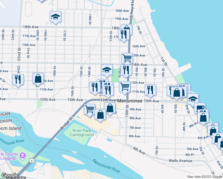 map of restaurants, bars, coffee shops, grocery stores, and more near 1601-1699 12th Avenue in Menominee