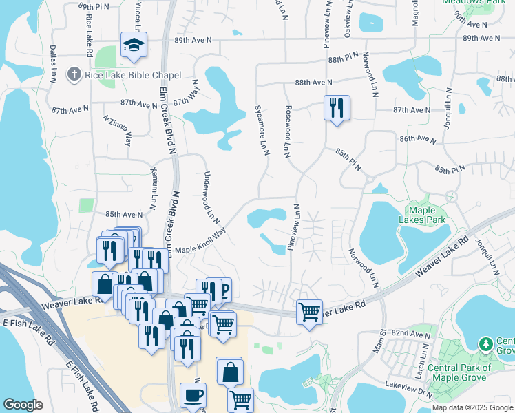 map of restaurants, bars, coffee shops, grocery stores, and more near 12996 Maple Knoll Way in Maple Grove