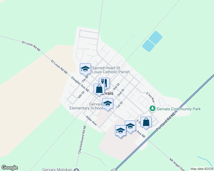 map of restaurants, bars, coffee shops, grocery stores, and more near 645 5th Street in Gervais