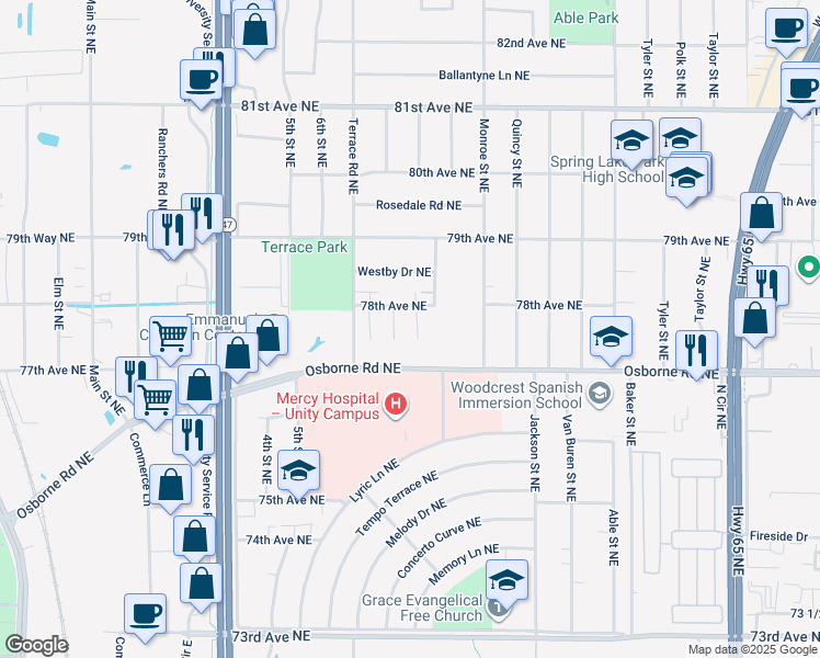 map of restaurants, bars, coffee shops, grocery stores, and more near 580 78th Avenue Northeast in Minneapolis