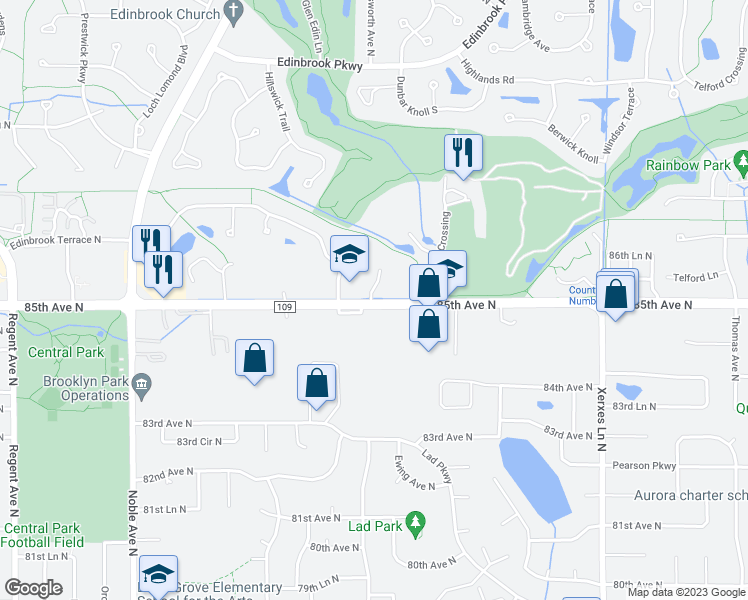 map of restaurants, bars, coffee shops, grocery stores, and more near 3900 85th Avenue North in Brooklyn Park