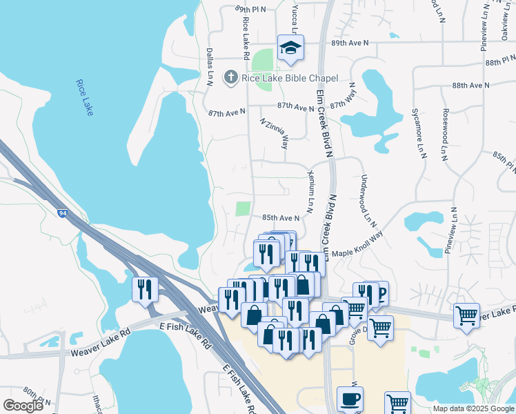 map of restaurants, bars, coffee shops, grocery stores, and more near 13899 85th Place North in Maple Grove