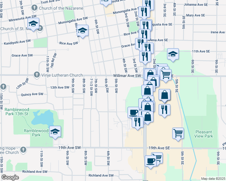 map of restaurants, bars, coffee shops, grocery stores, and more near 510 13th Avenue Southwest in Willmar