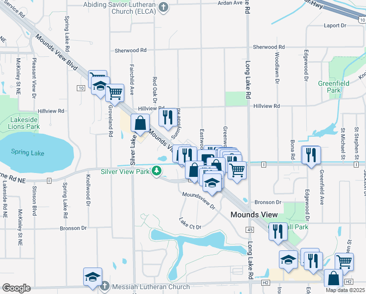 map of restaurants, bars, coffee shops, grocery stores, and more near 2665 Mounds View Boulevard in Mounds View