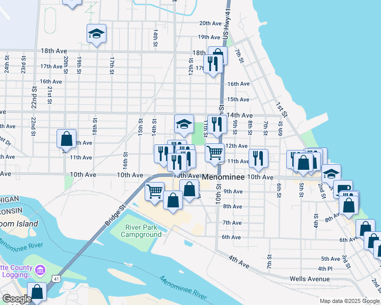 map of restaurants, bars, coffee shops, grocery stores, and more near 1200 11th Avenue in Menominee
